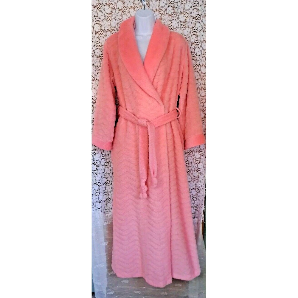 Evelyn Pearson Fleece Bathrobe M Pink Chevron Wrap Around Full Length USA Made